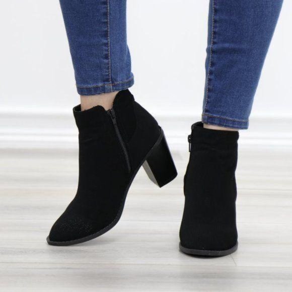 Black Perforated Design Ankle Heeled Boots - Picture 8 of 16